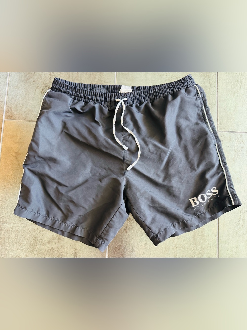 HUGO Black Swim Trunks with White Drawstring